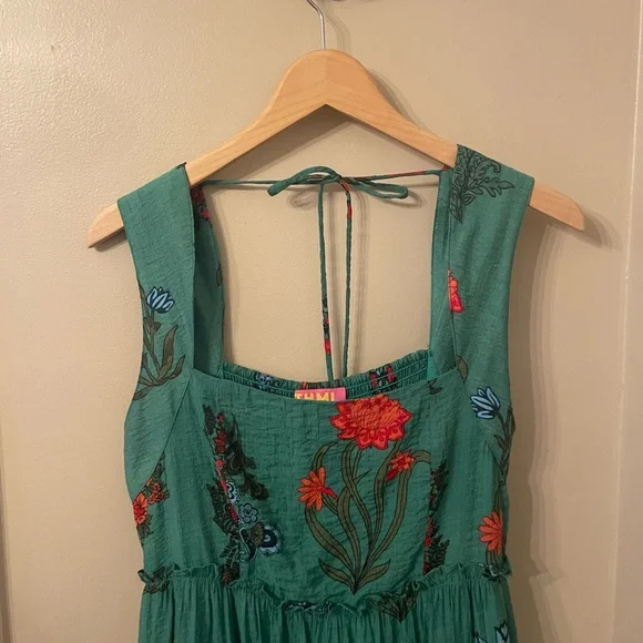 THML Green Floral Midi Dress with Smocking & Ruffle Medium - Picture 7 of 12